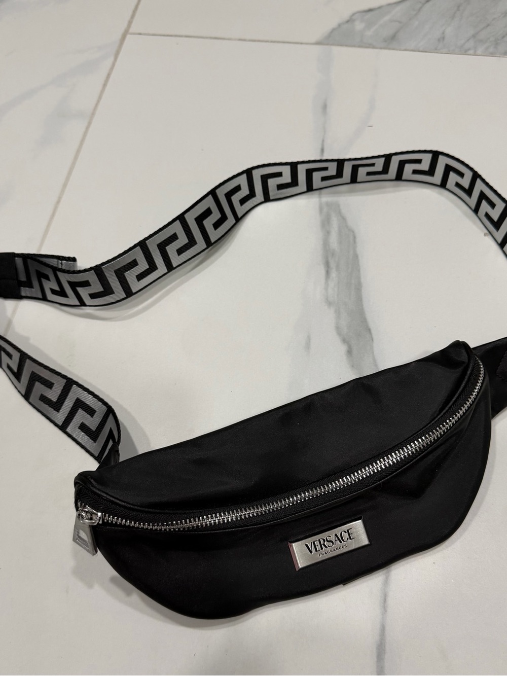 Versace Black Nylon Logo Strap Belt Bag with Silver Plaque